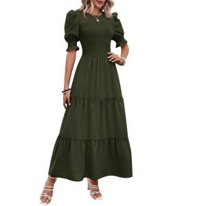 imageBTFBM Women Casual Summer Dresses 2026 Spring Crew Neck Ruffle Short Sleeve Smocked Floral Boho Flowy Maxi Dress ClothesSolid Army Green