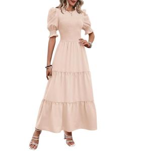 imageBTFBM Women Casual Summer Dresses 2026 Spring Crew Neck Ruffle Short Sleeve Smocked Floral Boho Flowy Maxi Dress ClothesSolid Beige