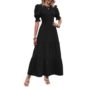 imageBTFBM Women Casual Summer Dresses 2026 Spring Crew Neck Ruffle Short Sleeve Smocked Floral Boho Flowy Maxi Dress ClothesSolid Black