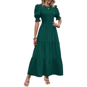 imageBTFBM Women Casual Summer Dresses 2026 Spring Crew Neck Ruffle Short Sleeve Smocked Floral Boho Flowy Maxi Dress ClothesSolid Dark Green