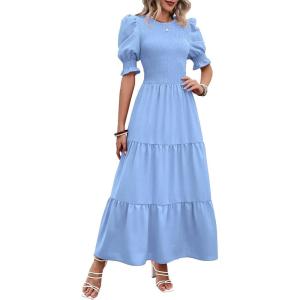 imageBTFBM Women Casual Summer Dresses 2026 Spring Crew Neck Ruffle Short Sleeve Smocked Floral Boho Flowy Maxi Dress ClothesSolid Light Blue