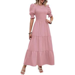 imageBTFBM Women Casual Summer Dresses 2026 Spring Crew Neck Ruffle Short Sleeve Smocked Floral Boho Flowy Maxi Dress ClothesSolid Light Pink