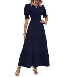 imageBTFBM Women Casual Summer Dresses 2026 Spring Crew Neck Ruffle Short Sleeve Smocked Floral Boho Flowy Maxi Dress ClothesSolid Navy