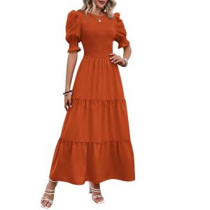 imageBTFBM Women Casual Summer Dresses 2026 Spring Crew Neck Ruffle Short Sleeve Smocked Floral Boho Flowy Maxi Dress ClothesSolid Orange