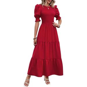 imageBTFBM Women Casual Summer Dresses 2026 Spring Crew Neck Ruffle Short Sleeve Smocked Floral Boho Flowy Maxi Dress ClothesSolid Red