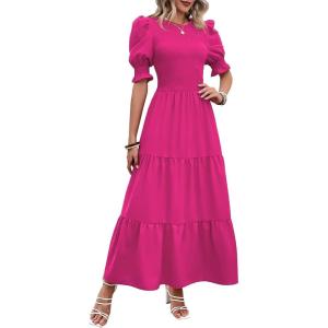 imageBTFBM Women Casual Summer Dresses 2026 Spring Crew Neck Ruffle Short Sleeve Smocked Floral Boho Flowy Maxi Dress ClothesSolid Rose Red