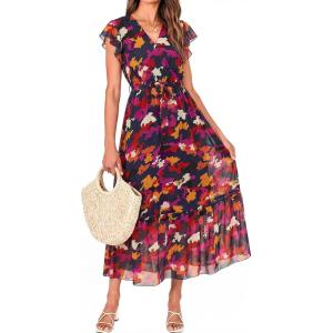 imageBTFBM Women Summer Bohemian Floral Casual Wrap V Neck Ruffle Cap Sleeveless Belt ALine Pleated Hem Midi Sun Dress WhiteBlue Orange Flower
