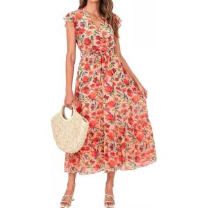 imageBTFBM Women Summer Bohemian Floral Casual Wrap V Neck Ruffle Cap Sleeveless Belt ALine Pleated Hem Midi Sun Dress WhiteFloral Orange Pink Red