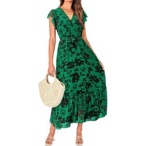 imageBTFBM Women Summer Bohemian Floral Casual Wrap V Neck Ruffle Cap Sleeveless Belt ALine Pleated Hem Midi Sun Dress WhiteGreen Big Floral
