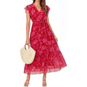 imageBTFBM Women Summer Bohemian Floral Casual Wrap V Neck Ruffle Cap Sleeveless Belt ALine Pleated Hem Midi Sun Dress WhiteRed Big Floral