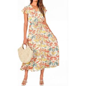 imageBTFBM Women Summer Bohemian Floral Casual Wrap V Neck Ruffle Cap Sleeveless Belt ALine Pleated Hem Midi Sun Dress WhiteWhite Big Flower