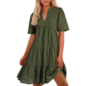 imageBTFBM Womens Boho Summer Dresses 2026 Spring V Neck Short Sleeve Hollow Out Lace Ruffle Casual Beach Mini Vacation DressArmy Green