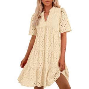 imageBTFBM Womens Boho Summer Dresses 2026 Spring V Neck Short Sleeve Hollow Out Lace Ruffle Casual Beach Mini Vacation DressBeige