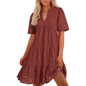 imageBTFBM Womens Boho Summer Dresses 2026 Spring V Neck Short Sleeve Hollow Out Lace Ruffle Casual Beach Mini Vacation DressBrown Red