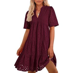imageBTFBM Womens Boho Summer Dresses 2026 Spring V Neck Short Sleeve Hollow Out Lace Ruffle Casual Beach Mini Vacation DressBurgundy