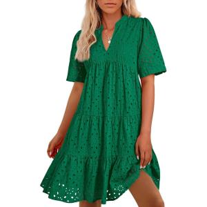 imageBTFBM Womens Boho Summer Dresses 2026 Spring V Neck Short Sleeve Hollow Out Lace Ruffle Casual Beach Mini Vacation DressDark Green