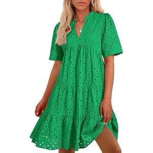 imageBTFBM Womens Boho Summer Dresses 2026 Spring V Neck Short Sleeve Hollow Out Lace Ruffle Casual Beach Mini Vacation DressGreen