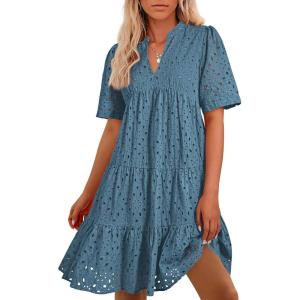 imageBTFBM Womens Boho Summer Dresses 2026 Spring V Neck Short Sleeve Hollow Out Lace Ruffle Casual Beach Mini Vacation DressGrey Blue