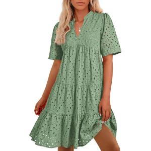 imageBTFBM Womens Boho Summer Dresses 2026 Spring V Neck Short Sleeve Hollow Out Lace Ruffle Casual Beach Mini Vacation DressGrey Green