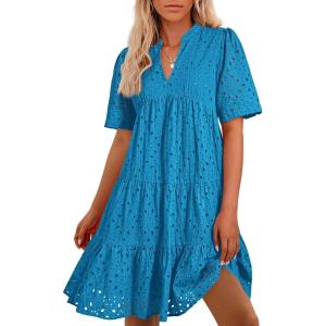 imageBTFBM Womens Boho Summer Dresses 2026 Spring V Neck Short Sleeve Hollow Out Lace Ruffle Casual Beach Mini Vacation DressLake Blue