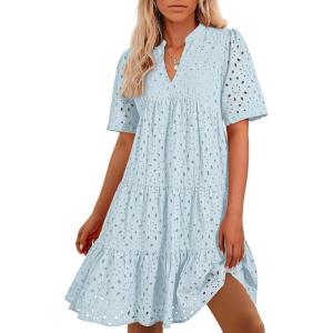 imageBTFBM Womens Boho Summer Dresses 2026 Spring V Neck Short Sleeve Hollow Out Lace Ruffle Casual Beach Mini Vacation DressLight Blue