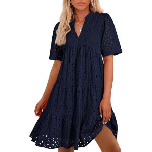 imageBTFBM Womens Boho Summer Dresses 2026 Spring V Neck Short Sleeve Hollow Out Lace Ruffle Casual Beach Mini Vacation DressNavy
