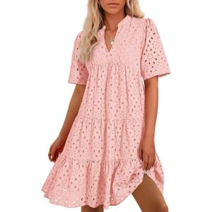 imageBTFBM Womens Boho Summer Dresses 2026 Spring V Neck Short Sleeve Hollow Out Lace Ruffle Casual Beach Mini Vacation DressPink