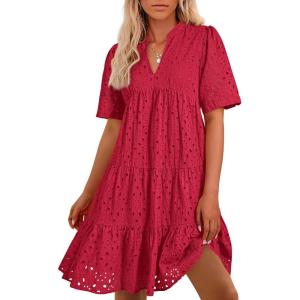 imageBTFBM Womens Boho Summer Dresses 2026 Spring V Neck Short Sleeve Hollow Out Lace Ruffle Casual Beach Mini Vacation DressRed