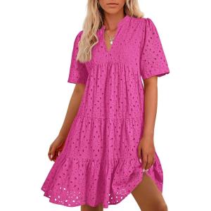 imageBTFBM Womens Boho Summer Dresses 2026 Spring V Neck Short Sleeve Hollow Out Lace Ruffle Casual Beach Mini Vacation DressRose Red