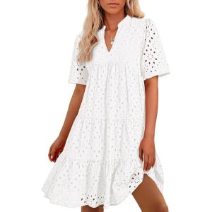 imageBTFBM Womens Boho Summer Dresses 2026 Spring V Neck Short Sleeve Hollow Out Lace Ruffle Casual Beach Mini Vacation DressWhite