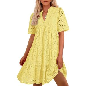 imageBTFBM Womens Boho Summer Dresses 2026 Spring V Neck Short Sleeve Hollow Out Lace Ruffle Casual Beach Mini Vacation DressYellow