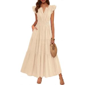 imageBTFBM Womens Summer Maxi Dress 2026 Spring Boho Vacation Ruffle Flutter Short Sleeve A Line Tiered Flowy Dresses PocketsApricot