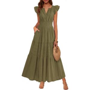 imageBTFBM Womens Summer Maxi Dress 2026 Spring Boho Vacation Ruffle Flutter Short Sleeve A Line Tiered Flowy Dresses PocketsArmy Green