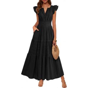 imageBTFBM Womens Summer Maxi Dress 2026 Spring Boho Vacation Ruffle Flutter Short Sleeve A Line Tiered Flowy Dresses PocketsBlack