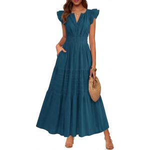 imageBTFBM Womens Summer Maxi Dress 2026 Spring Boho Vacation Ruffle Flutter Short Sleeve A Line Tiered Flowy Dresses PocketsLake Blue