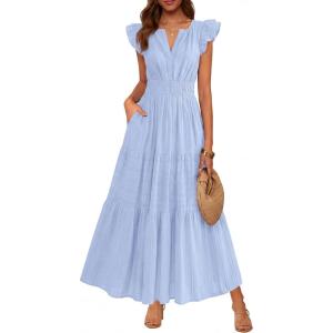 imageBTFBM Womens Summer Maxi Dress 2026 Spring Boho Vacation Ruffle Flutter Short Sleeve A Line Tiered Flowy Dresses PocketsLight Blue