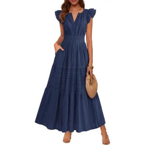 imageBTFBM Womens Summer Maxi Dress 2026 Spring Boho Vacation Ruffle Flutter Short Sleeve A Line Tiered Flowy Dresses PocketsNavy Blue