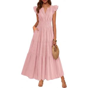 imageBTFBM Womens Summer Maxi Dress 2026 Spring Boho Vacation Ruffle Flutter Short Sleeve A Line Tiered Flowy Dresses PocketsPink