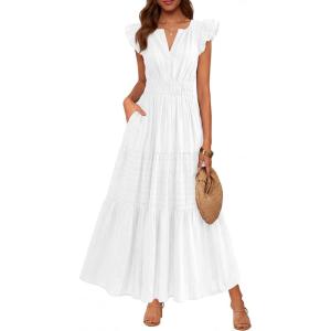 imageBTFBM Womens Summer Maxi Dress 2026 Spring Boho Vacation Ruffle Flutter Short Sleeve A Line Tiered Flowy Dresses PocketsWhite