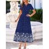 imageBTFBM Summer Dresses for Women 2026 Casual V Neck Short Sleeve Flowy Wedding Guest Beach Vacation Floral Boho Maxi DressNavy White Flower