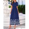 imageBTFBM Summer Dresses for Women 2026 Casual V Neck Short Sleeve Flowy Wedding Guest Beach Vacation Floral Boho Maxi DressNavy White Flower