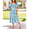 imageBTFBM Summer Dresses for Women 2026 Spring Outfits Beach Vacation Short Sleeve Smocked Boho Casual Floral Maxi DressPrint Blue