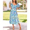 imageBTFBM Summer Dresses for Women 2026 Spring Outfits Beach Vacation Short Sleeve Smocked Boho Casual Floral Maxi DressPrint Blue