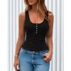 imageBTFBM Summer Tops for Women 2026 Scoop Neck Ribbed Henley Button Sleeveless Casual Spring Basic Tank Top Clothes OutfitsBlack