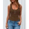 imageBTFBM Summer Tops for Women 2026 Scoop Neck Ribbed Henley Button Sleeveless Casual Spring Basic Tank Top Clothes OutfitsDark Khaki