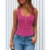 imageBTFBM Summer Tops for Women 2026 Scoop Neck Ribbed Henley Button Sleeveless Casual Spring Basic Tank Top Clothes OutfitsRose Red