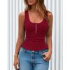 imageBTFBM Summer Tops for Women 2026 Scoop Neck Ribbed Henley Button Sleeveless Casual Spring Basic Tank Top Clothes OutfitsWine Red