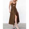 imageBTFBM Women 2026 Spaghetti Strap Midi Summer Dresses Sleeveless V Neck Cutout Slit Casual Beach Party Maxi Dress PocketsBrown