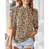imageBTFBM Womens Tops 2026 Dressy Casual Blouses Summer Spring Clothes Mock Neck Short Sleeve Shirts Business Work Fall OutfitsFloral Navy