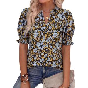 imageBTFBM Summer Blouses for Women Dressy Casual 2026 Fashion Spring Tops Floral Boho V Neck Puff Short Sleeve Top ShirtsFloral Black Blue